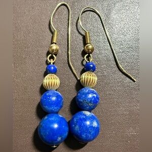 14k solid gold and lapis beads vintage earrings